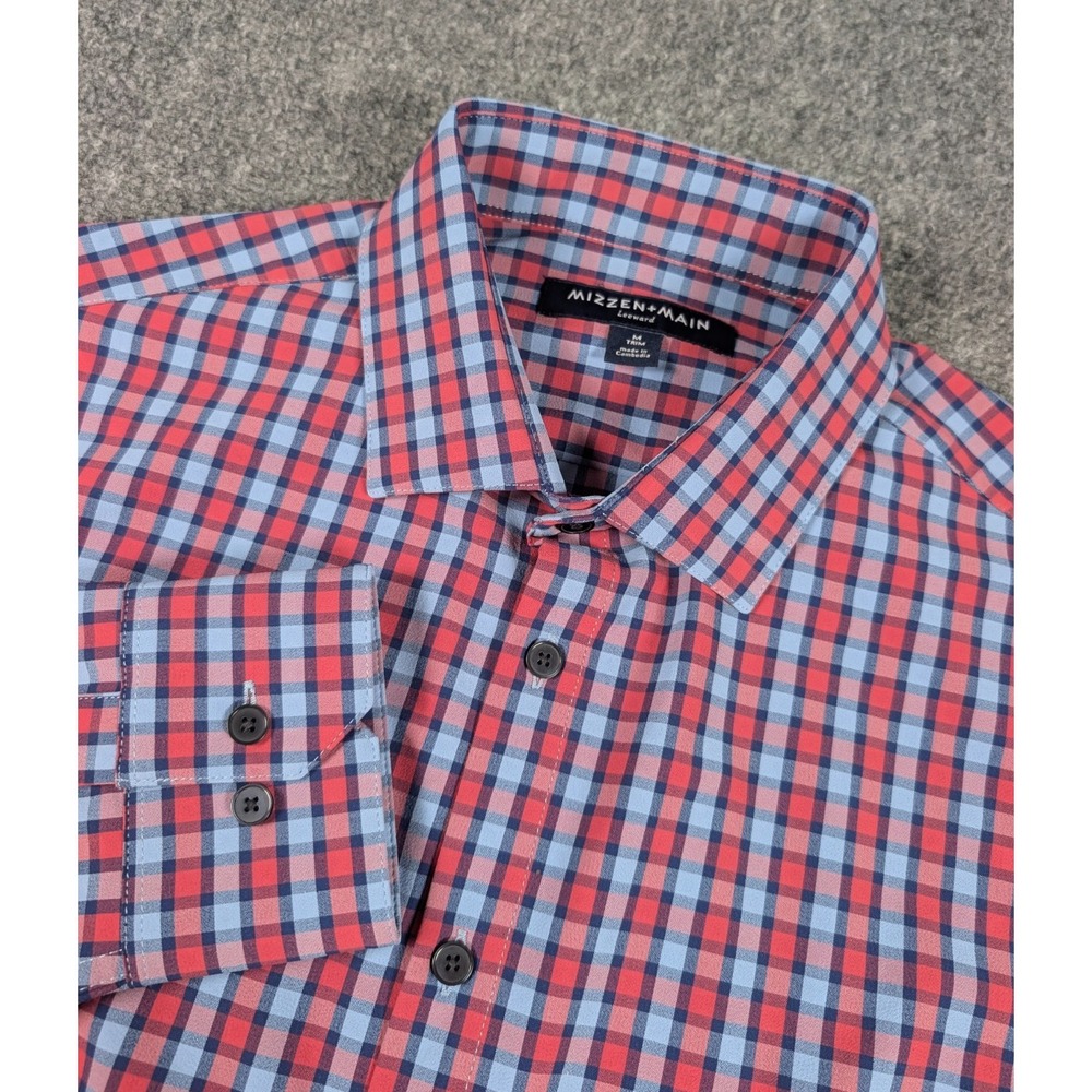 Mizzen + Main Leeward Long Sleeve Dress Shirt Mens M Trim Blue Pink Plaid